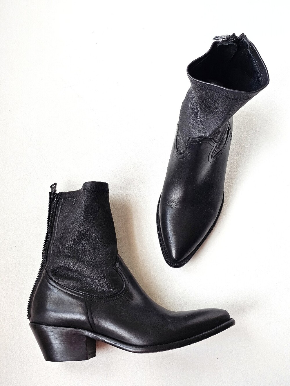 RTA Black Leather Pointed Toe Ankle Boots Western Zip Designer Booties EU 39